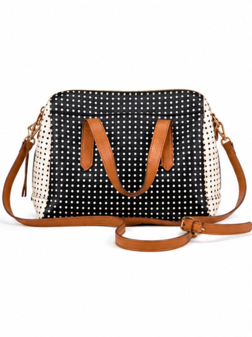 Fossil Sydney Polka Dot Satchel Crossbody Bag Brown Leather Trim